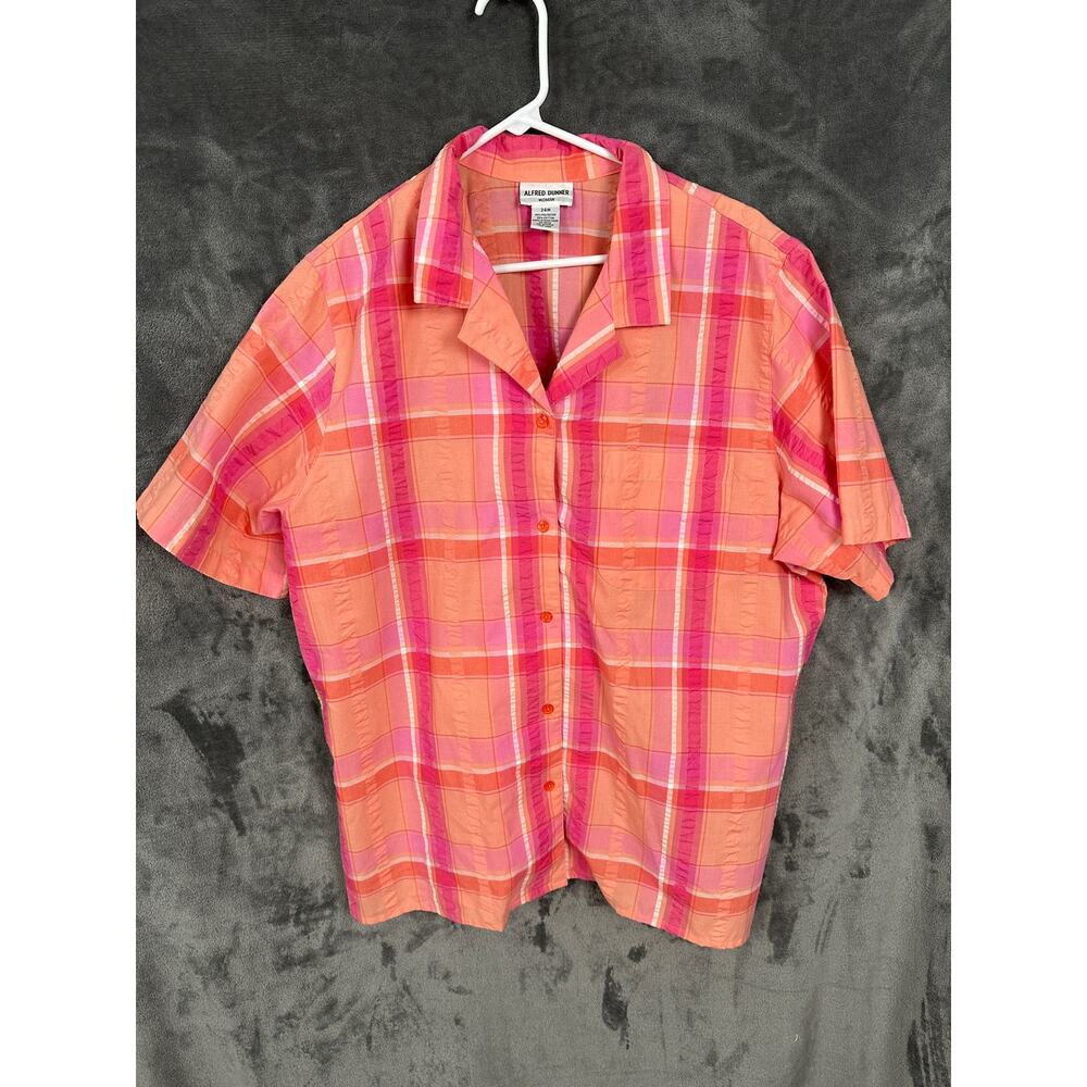 Women’s 24 orange plaid seersucker button down short sleeve shirt